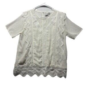 ICHI Woman’s Blouse Short Sleeve Top Size 38 Made in India White Lace Coquette